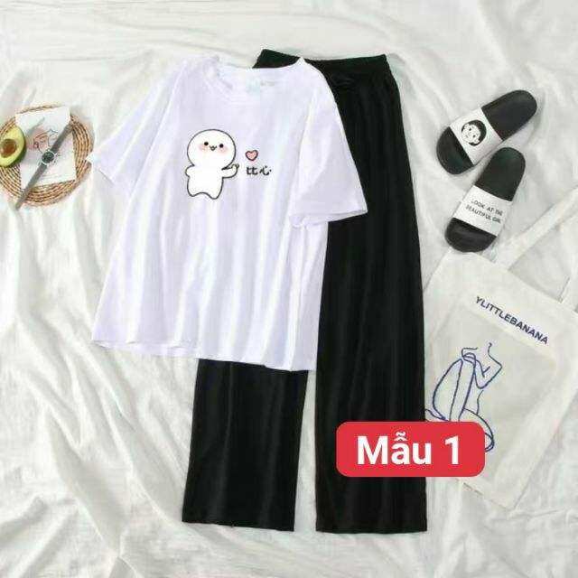 FREESHIP Bộ áo phông các hình mix quần ống rộng dài