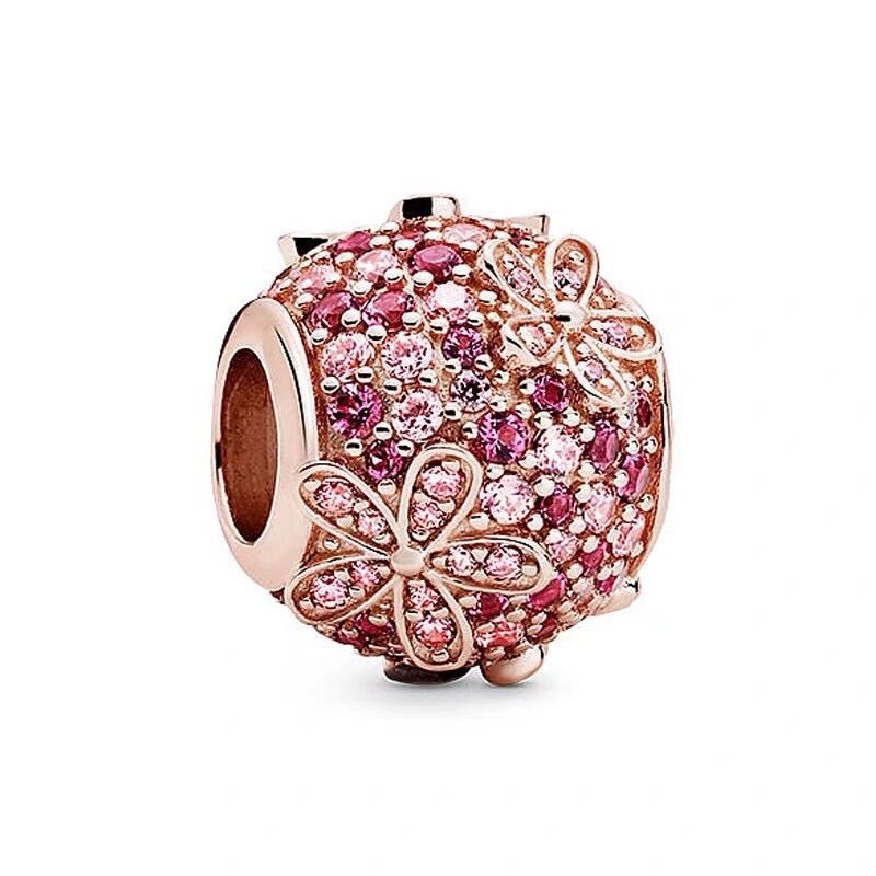 CHARM PAN ALE HOA ĐÀO ĐÍNH ĐÁ HỒNG BẠC S925
