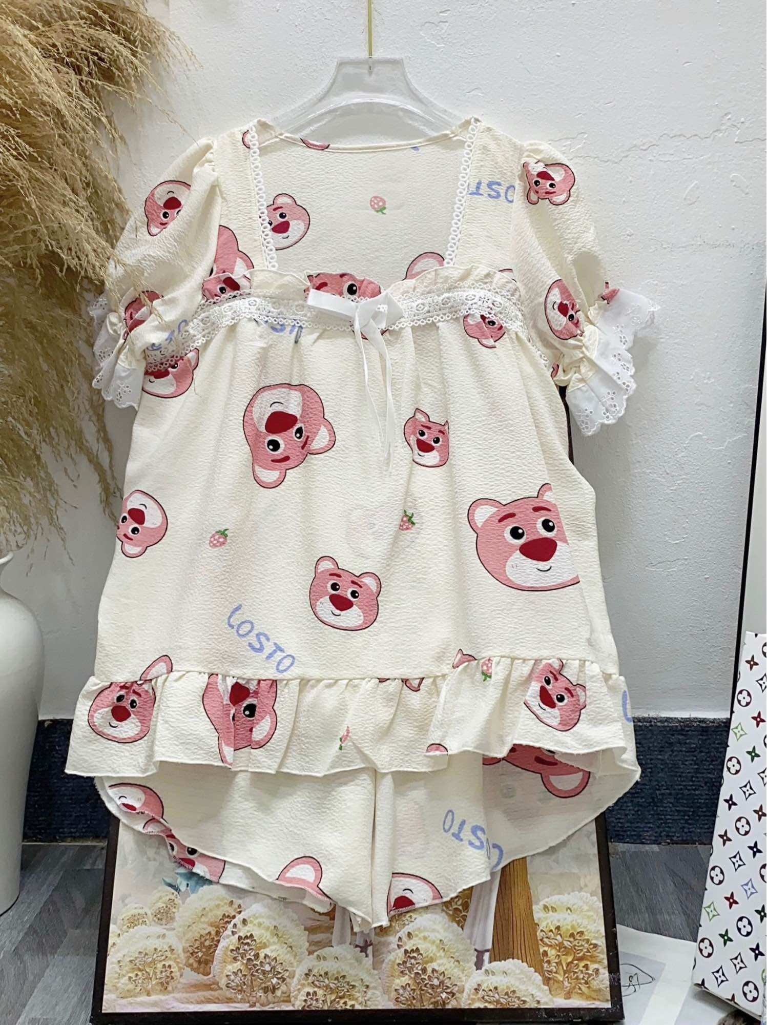 Đồ bộ tiểu thư phối ren chất cotton mềm mặc nhà mát form 40-60kg