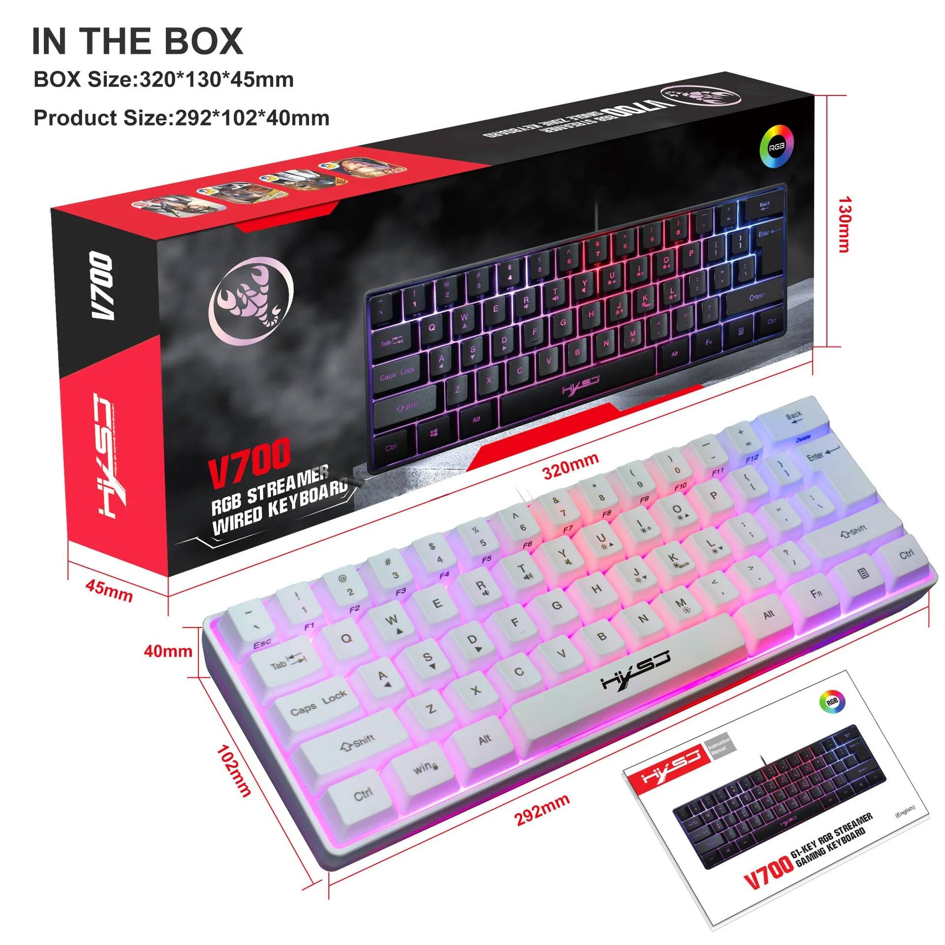 Hxsj v700 bàn phím chơi game 61 phím có đèn nền rgb giao diện usb phím tắt kết hợp cho pubg máy tính để bàn gia đình laptop bàn phím mini