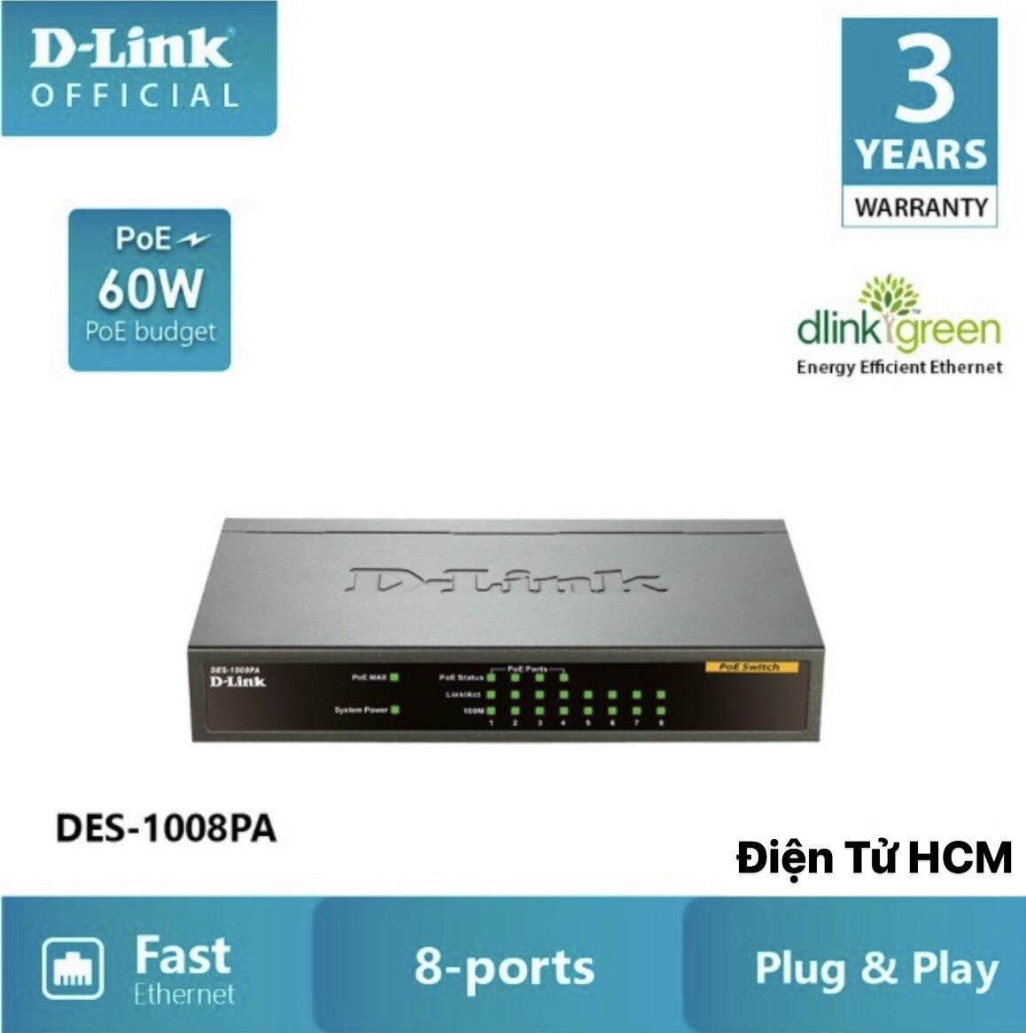 D-LINK DES-1008PA - Bộ chia cổng mạng 8 cổng 10 100 Mbps với 4 cổng PoE
