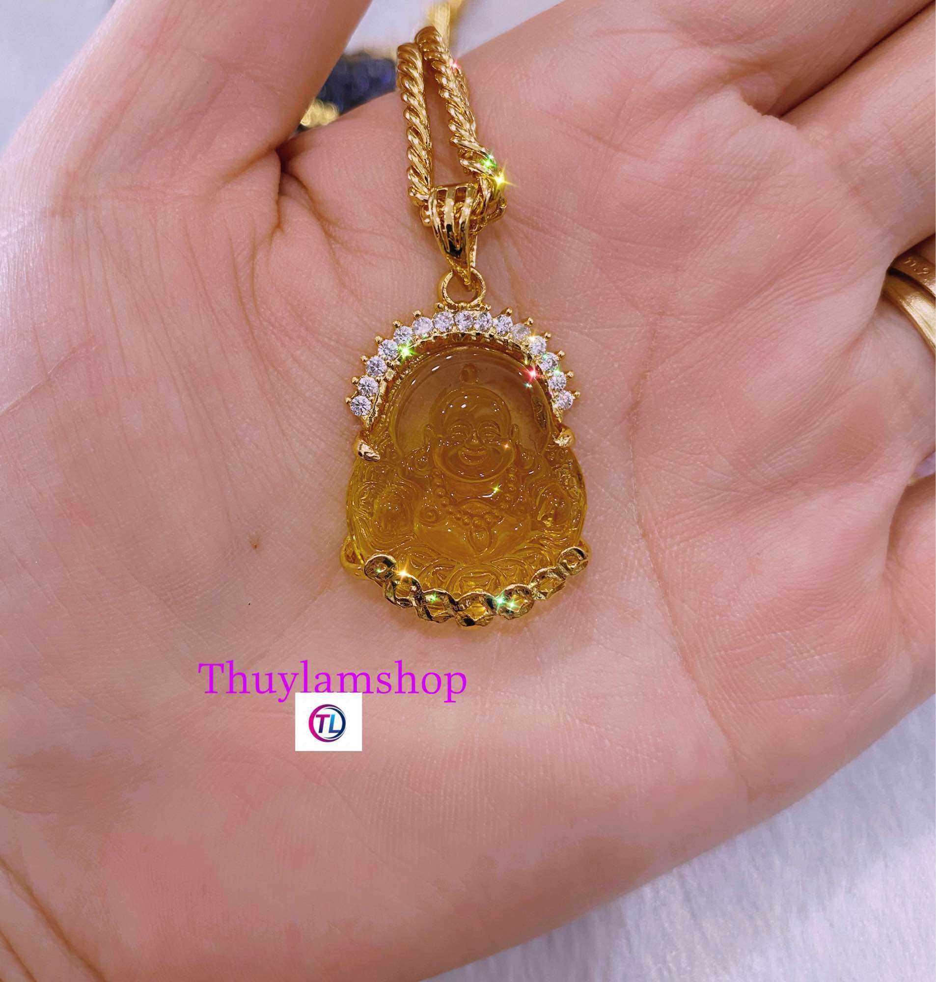 Dây chuyền Phật Di Lặc bình an may mắn đá pha lê bọc titan vàng cao cấp không đen gỉ