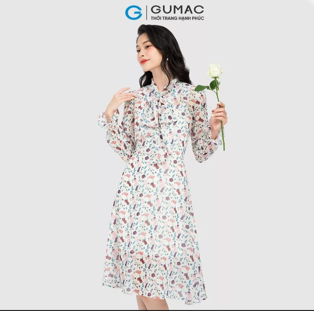 Đầm A xòe nhẹ Gumac, cổ thắt nơ - size M