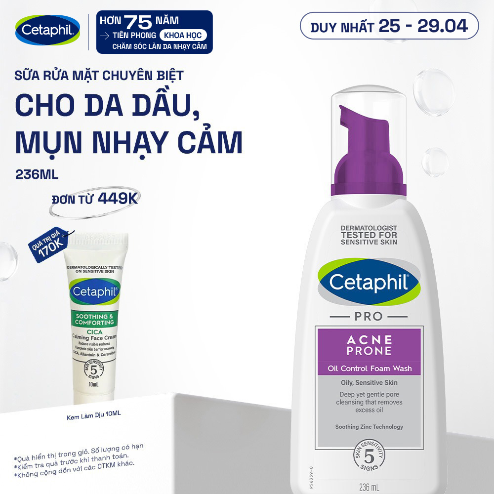 Sữa rửa mặt tạo bọt mịn dịu lành cho da dầu mụn nhạy cảm CETAPHIL PRO ACNE PRONE/OIL CONTROL FOAM WASH 236ml