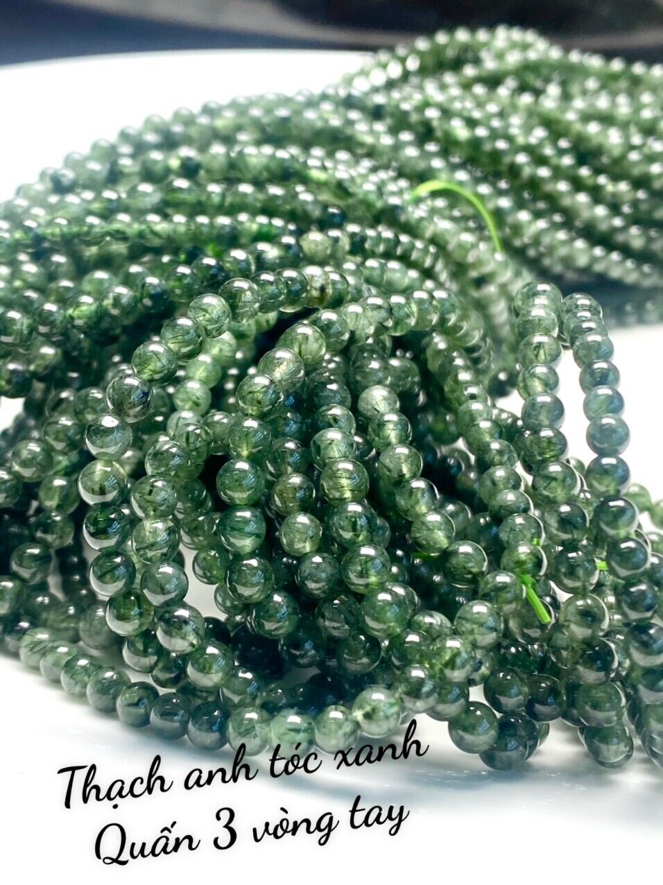 Chuỗi thạch anh tóc xanh 4ly quấn 3 vòng/Vòng tay thạch anh tóc xanh tự nhiên cuốn 3 vòng
