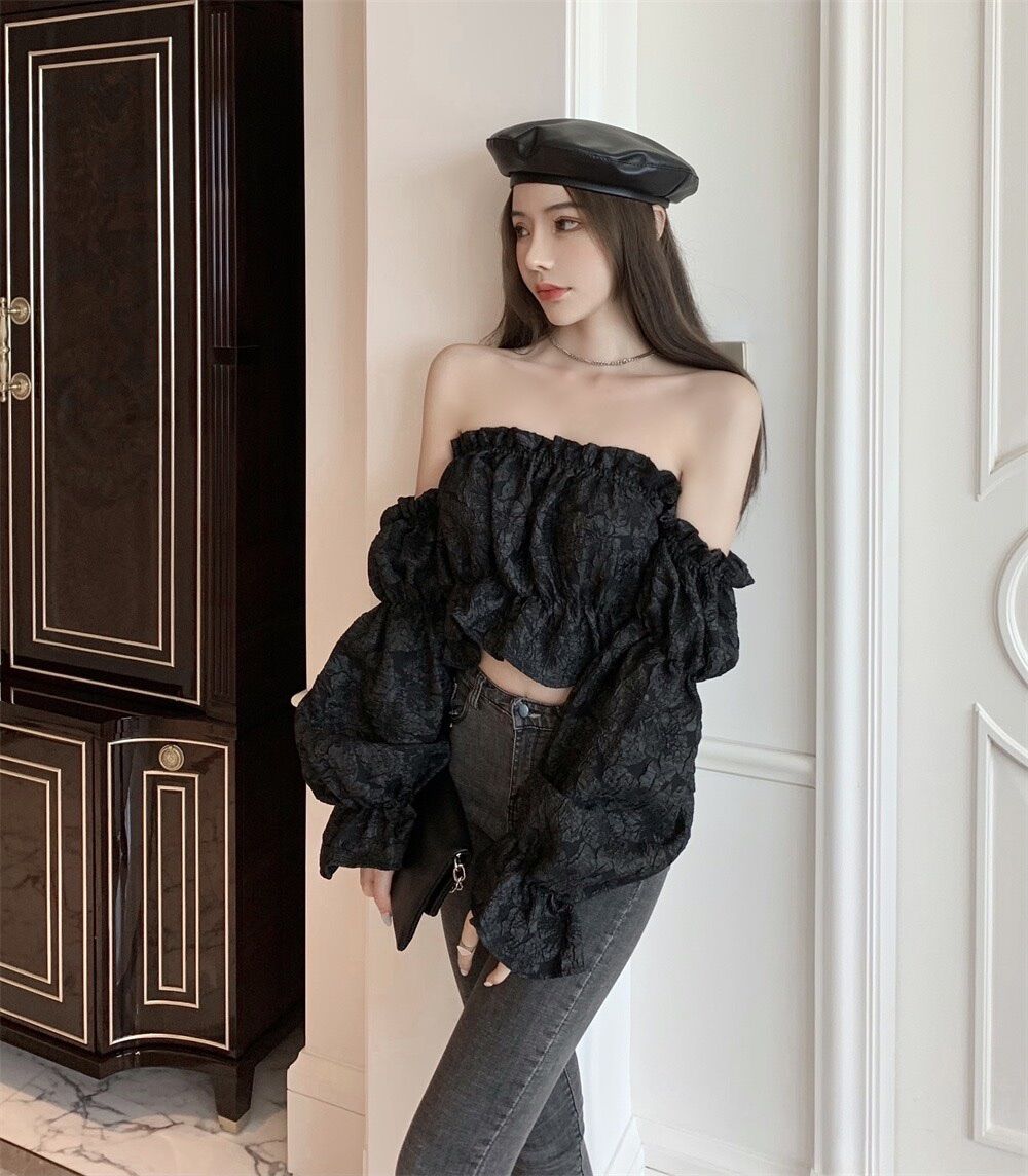Áo kiểu bẹt vai voan xốp xinh đẹp đáng yêu LS