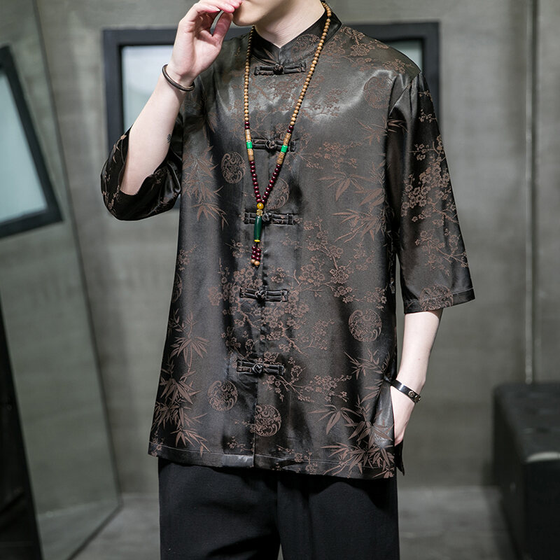 Áo Sơ Mi Lụa Băng Tay Ngắn Phong Cách Trung Hoa Cổ Điển Cho Nam Mùa Hè Áo Cổ Polo Phong Cách Tai Chi Hanfu Áo Sơ Mi Thường Ngày