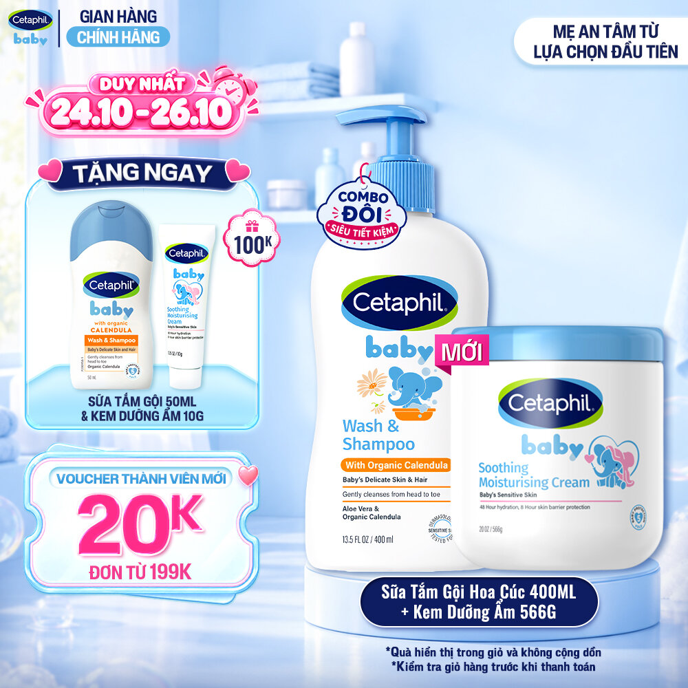Combo Sữa tắm dưỡng ẩm dịu lành cho bé với Calendula hoa cúc hữu cơ CETAPHIL BABY WSHAMPOO CALENDULA 400ML  Kem làm dịu và dưỡng ẩm cho bé Cetaphil Baby Soothing  Moisturising Cream hũ 566g