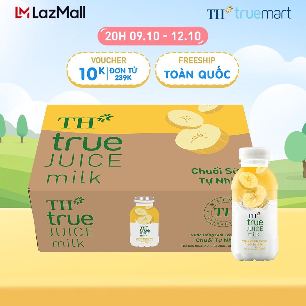 Thùng 24 chai nước uống sữa trái cây TH true JUICE milk vị chuối tự nhiên 300 ml (300 ml x 24)