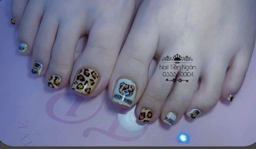H1 Móng chân giả giá rẻ/ móng úp chân/ nailbox phối hoạ tiết da báo và hoạt hình gấu kèm keo dũa