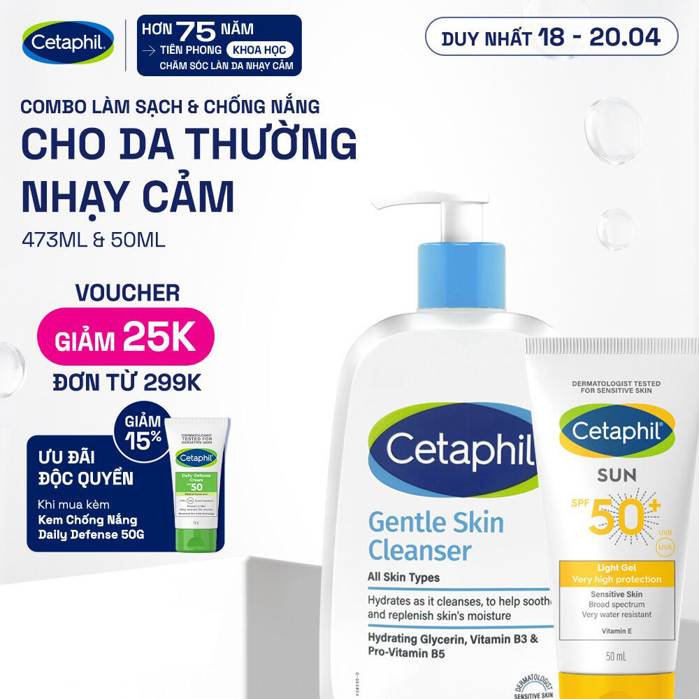 Combo Sữa rửa mặt CETAPHIL GENTLE SKIN CLEANSER 473ML + Gel chống nắng cho da nhạy cảm Cetaphil Sun SPF 50+ Light Gel