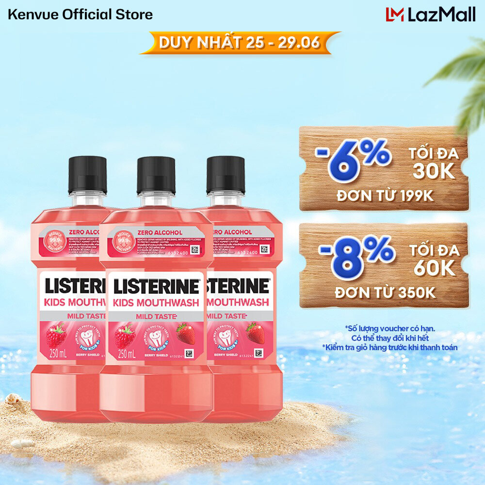Bộ 3 chai Nước Súc Miệng Listerine Kids Mouthwash with berry shield Dành Riêng Cho Trẻ Trên 6 Tuổi 250ml/chai