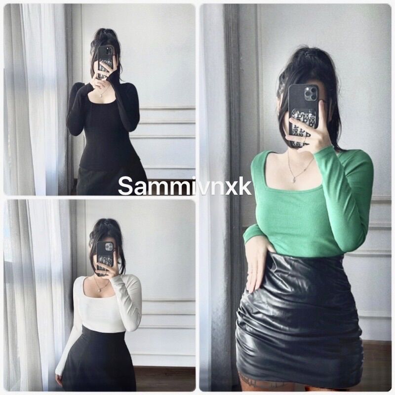 Áo thun tăm cổ vuông body tay dài Sammivnxk☘️freeship