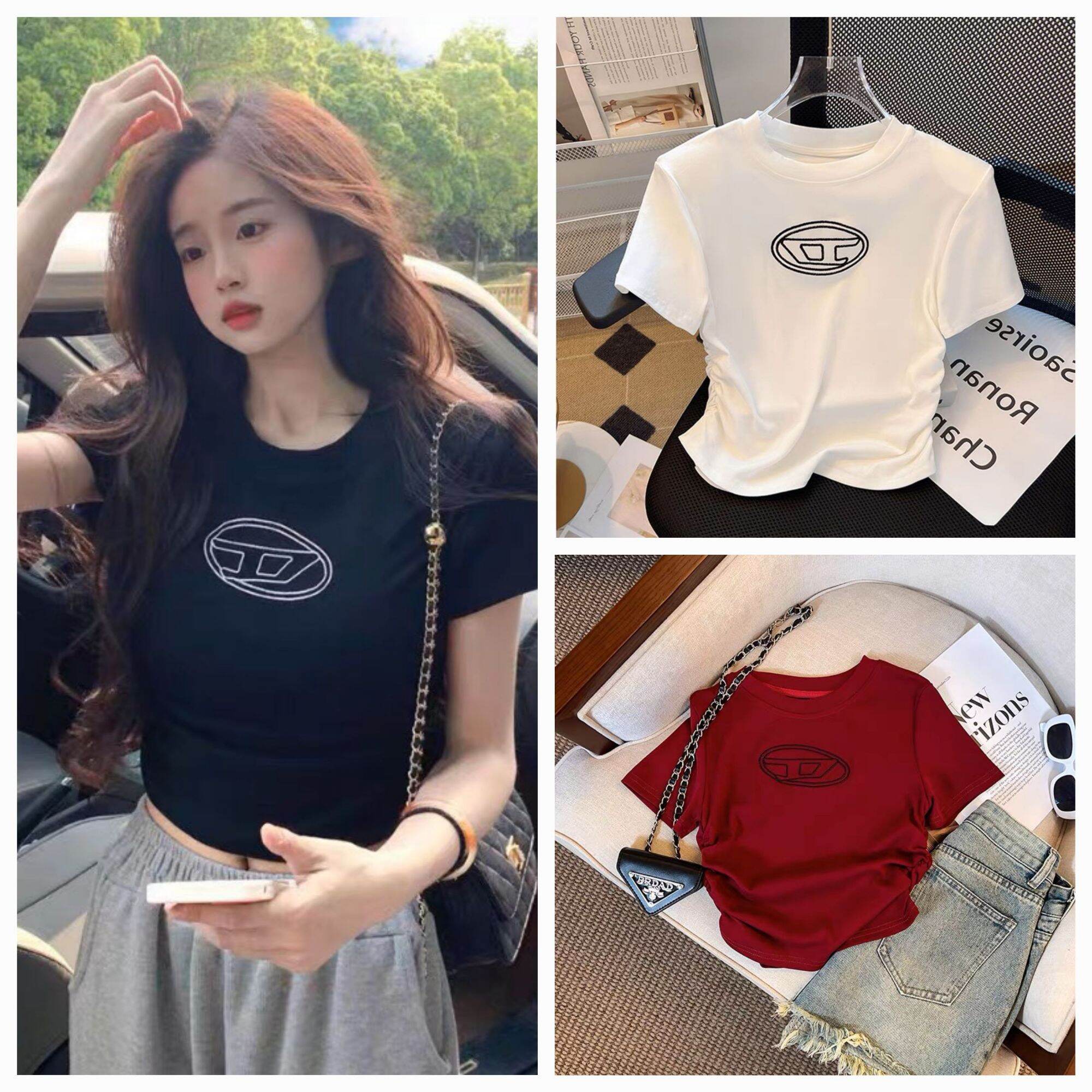 Áo croptop tay ngắn thêu họa tiết