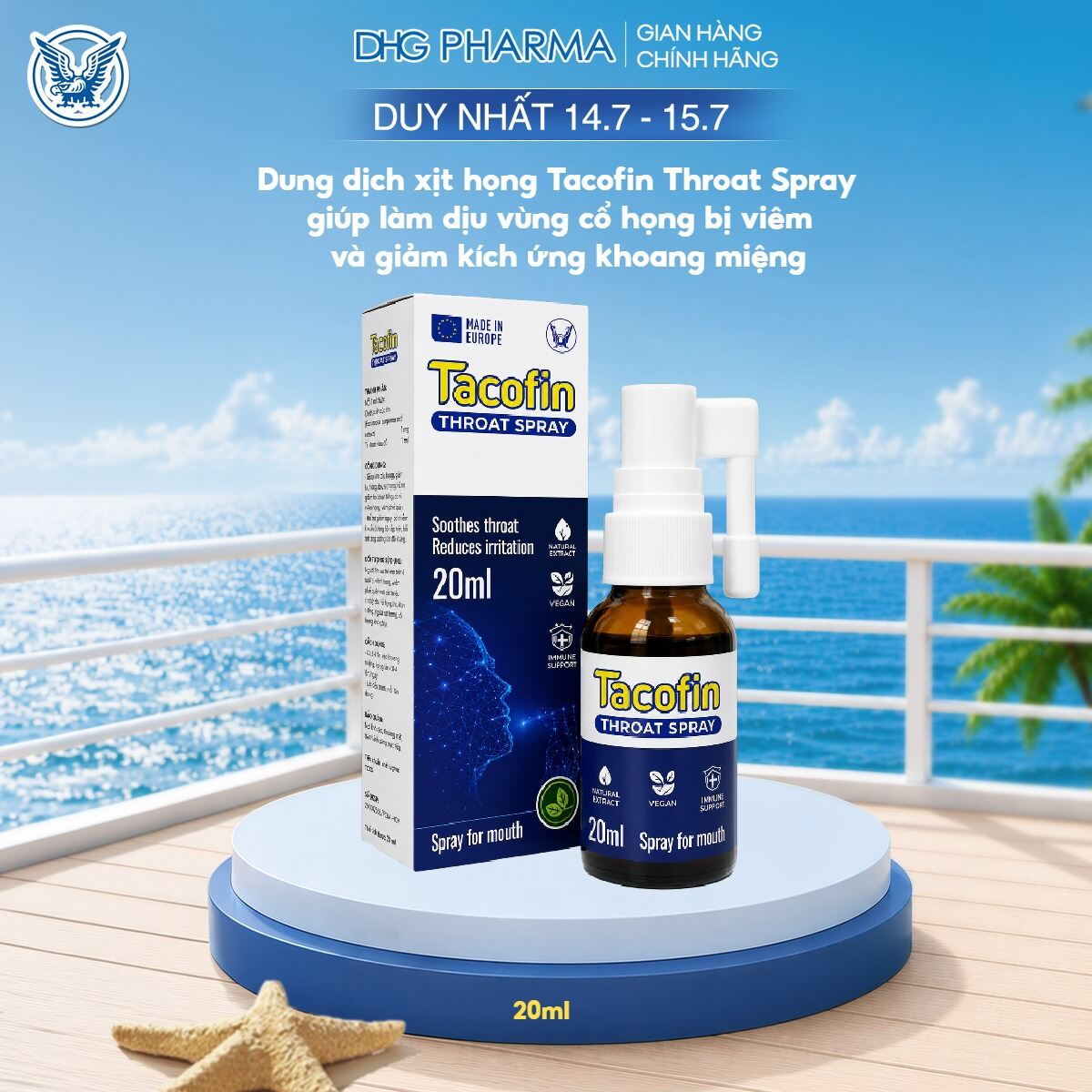 Dung dịch xịt họng Tacofin Throat Spray giúp làm dịu vùng cổ họng bị viêm và giảm kích ứng khoang miệng, 1 chai 20ml