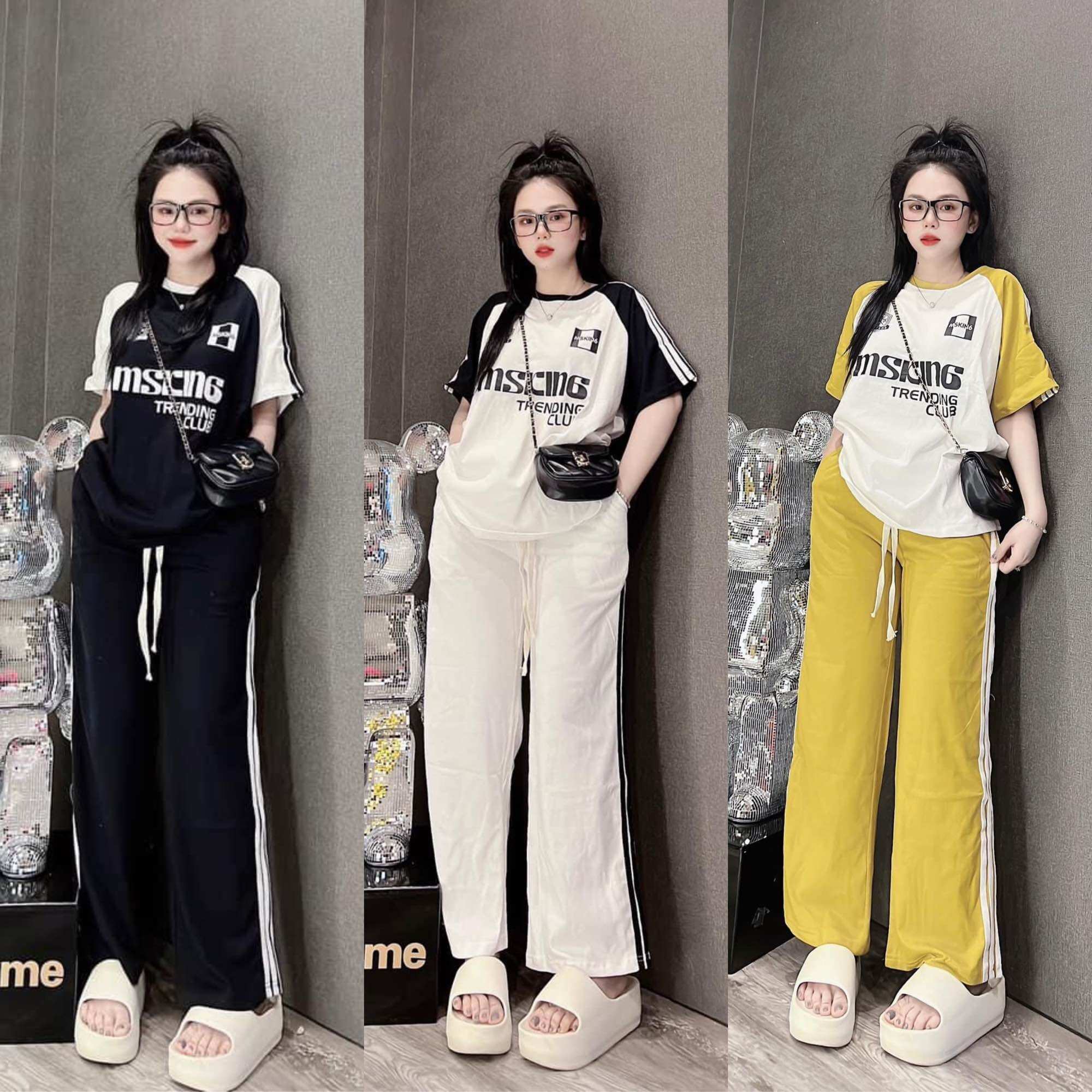 Set áo thun cotton phối tay viền cổ quần suông phối viền-hn closet