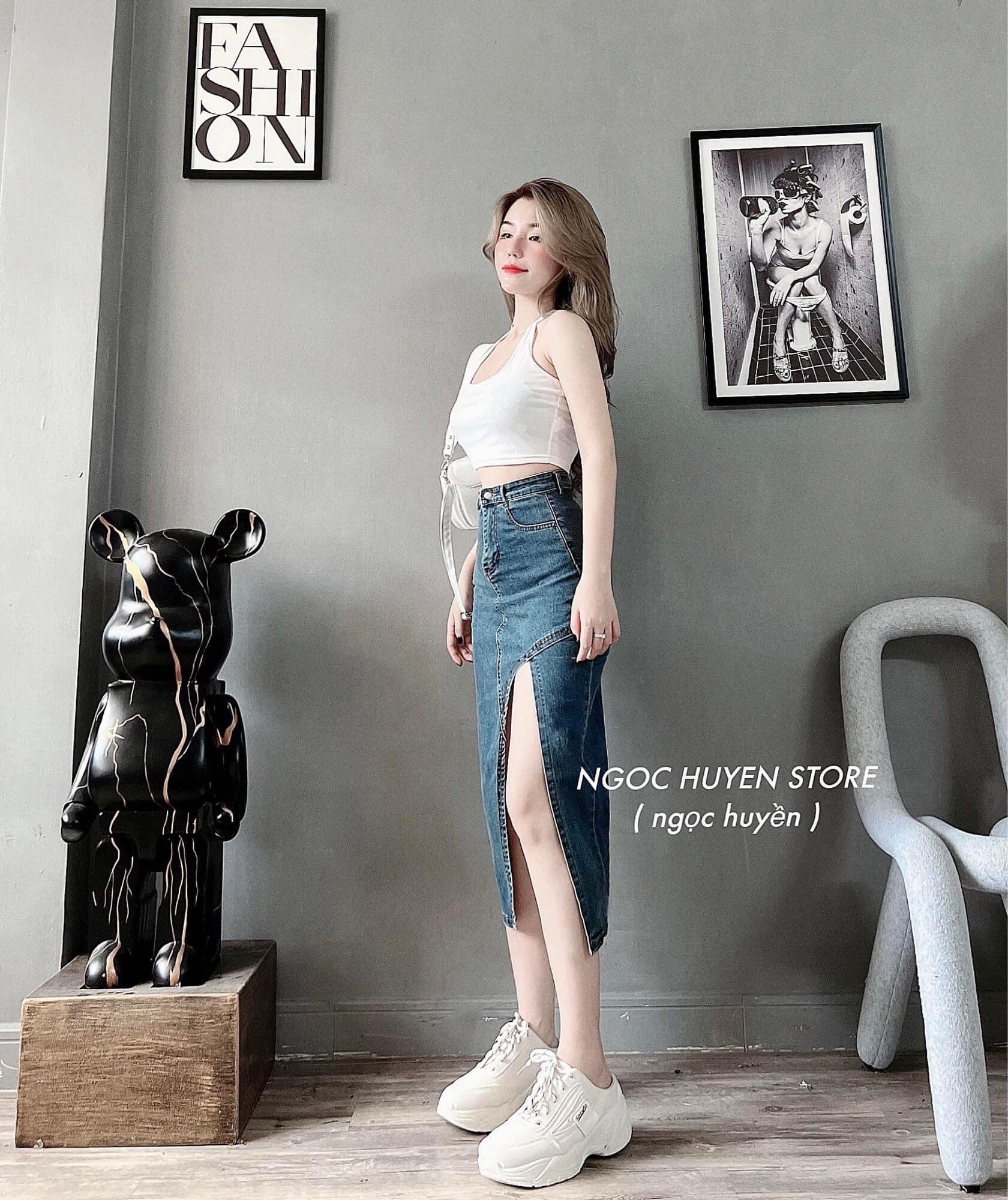 Ảnh thật (Chân váy jean áng dài co giãn xẻ gối)