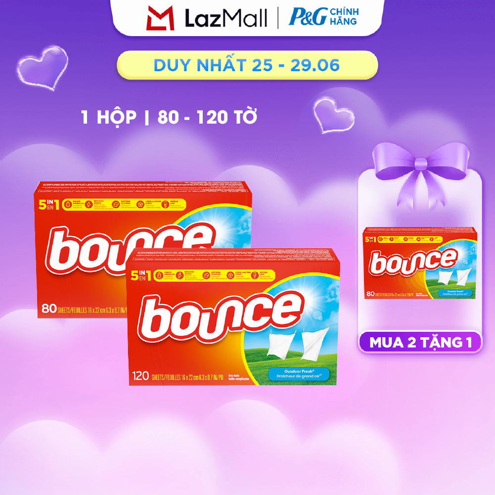 Giấy Làm Mềm Vải BOUNCE Nhập Khẩu Mỹ Thơm Quần Áo Hương Outdoor Fresh Hộp 120 Tờ/ 80 Tờ