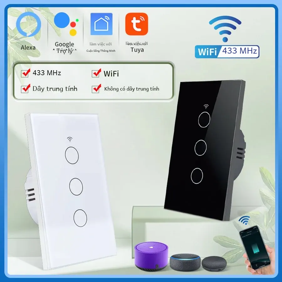 Tuya Wifi Công Tắc Đèn Thông Minh 1/2/3 Băng Đảng Không Dây Trung Tính Công Tắc Cảm Ứng Treo Tường Tương Thích Với Alexa Google Home Rohs Chất Liệu Nhựa Chứng Nhận