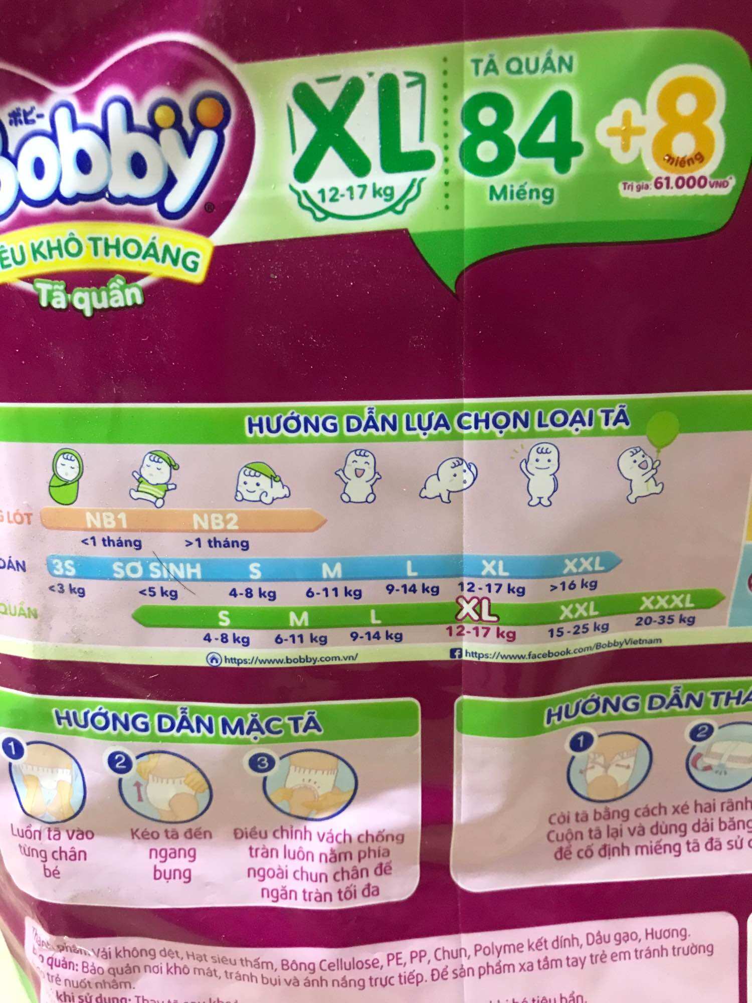 [Freeship] Tã/bỉm quần Bobby Gạo non Organic M112+8