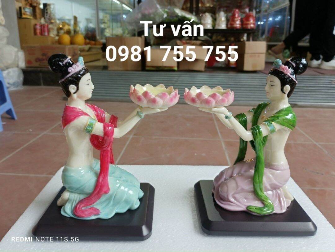 Cặp tượng tiên nữ dâng đèn,cô tiên dâng nến gốm sứ cao cấp