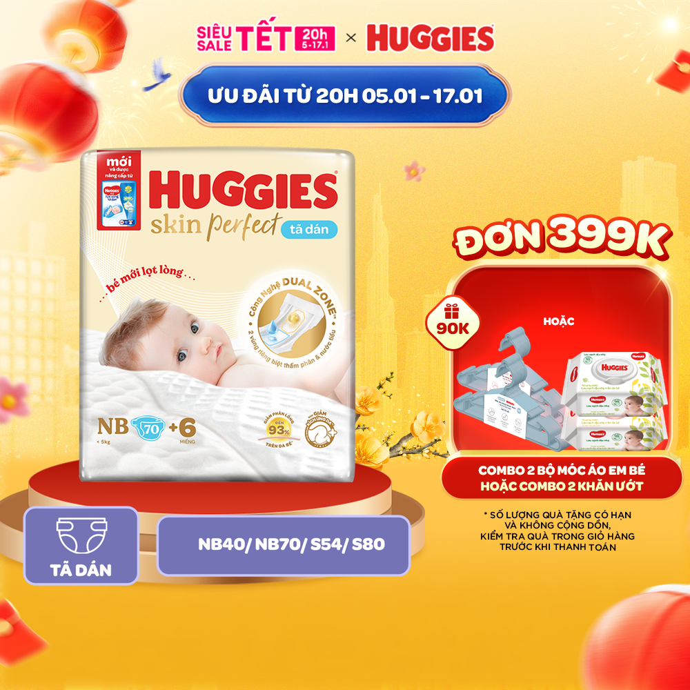 Tã/Bỉm Dán Sơ Sinh Huggies Skin Perfect NB/S với 2 Vùng Thấm Giảm Kích Ứng Da