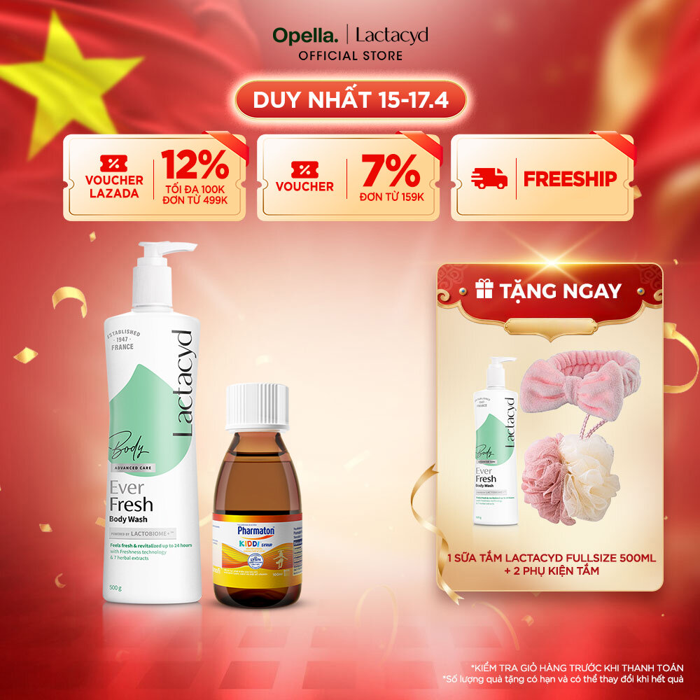 Bộ 1 Sữa tắm Lactacyd Ever Fresh mang lại làn da thơm mát và tràn đầy sức sống đến 24 giờ + 1 Siro Pharmaton Kiddi 100ml giúp xương chắc khỏe, hỗ trợ sự phát triển toàn diện của trẻ nhờ bổ sung Lysine, Canxi và các Vitamin cần thiết cho trẻ