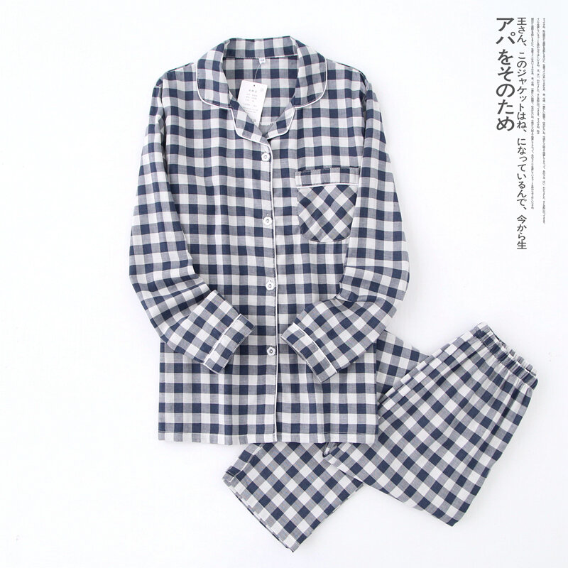 Spring and Autumn Couples Plaid Pajamas Pure Cotton Gauze Summer Long Sleeve Men Women's Japanese-style Cotton Homewear Set