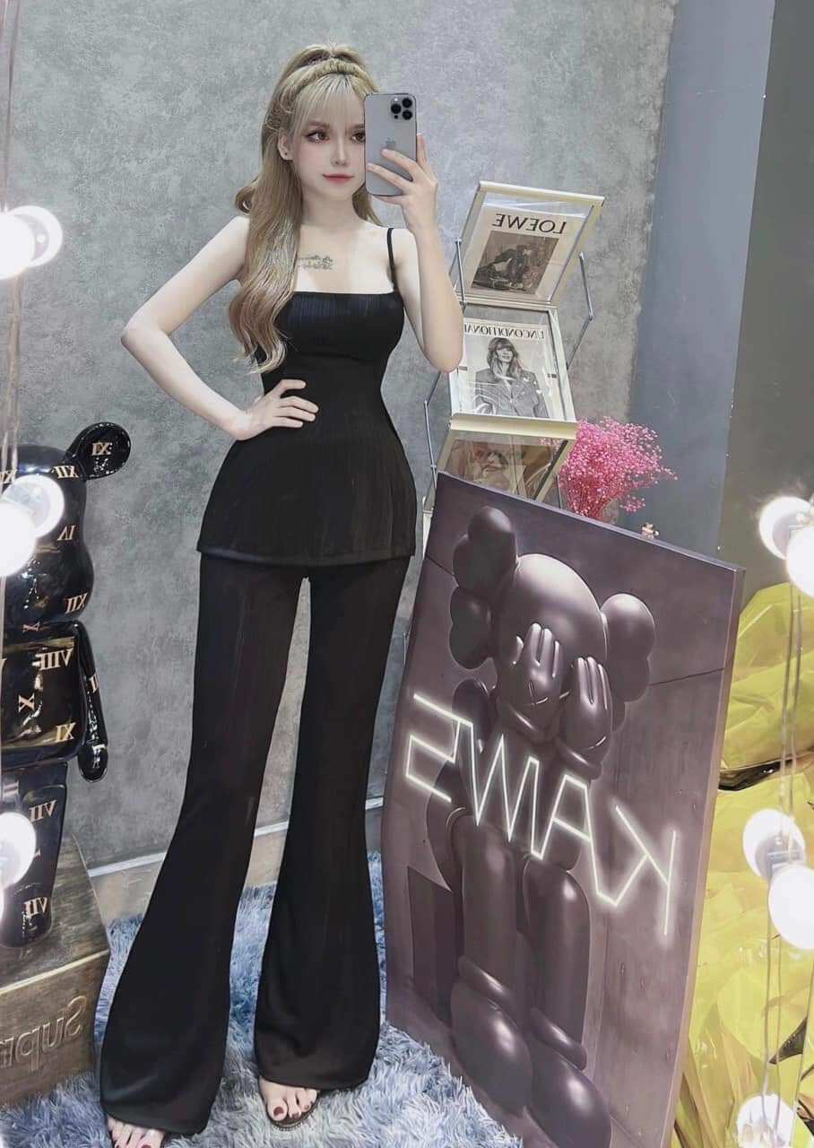 Set áo xẻ tà quần ống loe