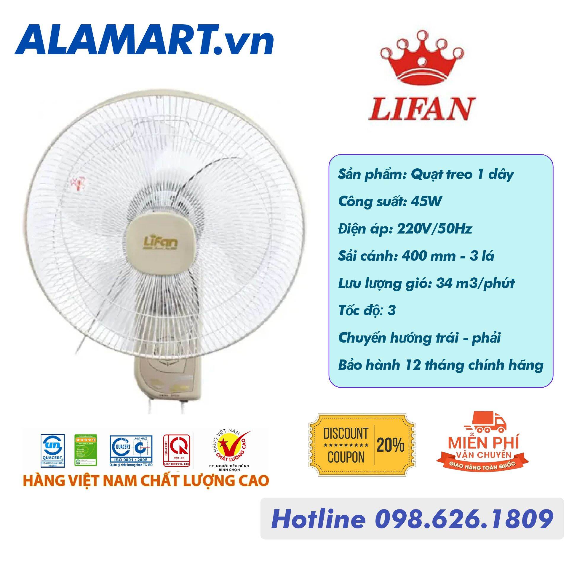 Quạt treo 1 dây giật Lifan T-161 động cơ dây đồng 45w sải cánh 400 mm hoạt động êm ái