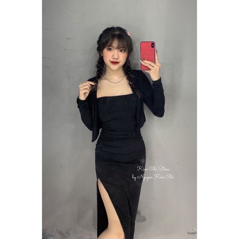 SET ĐẦM SẺ DÀI KÈM KHOÁC CROPTOP DBD77