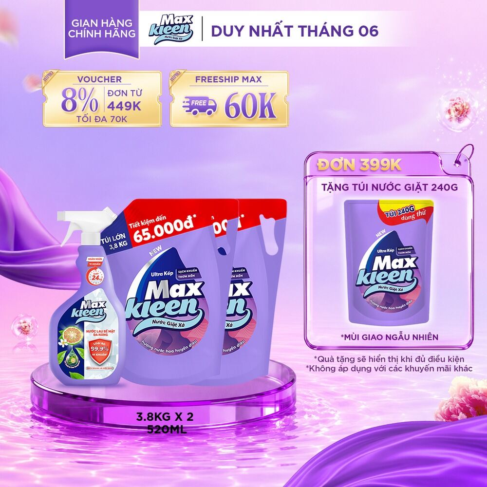 Combo 2 Túi Nước Giặt Xả MaxKleen hương Huyền Diệu (3.8kg/túi) + Lau Bề Mặt Đa Năng