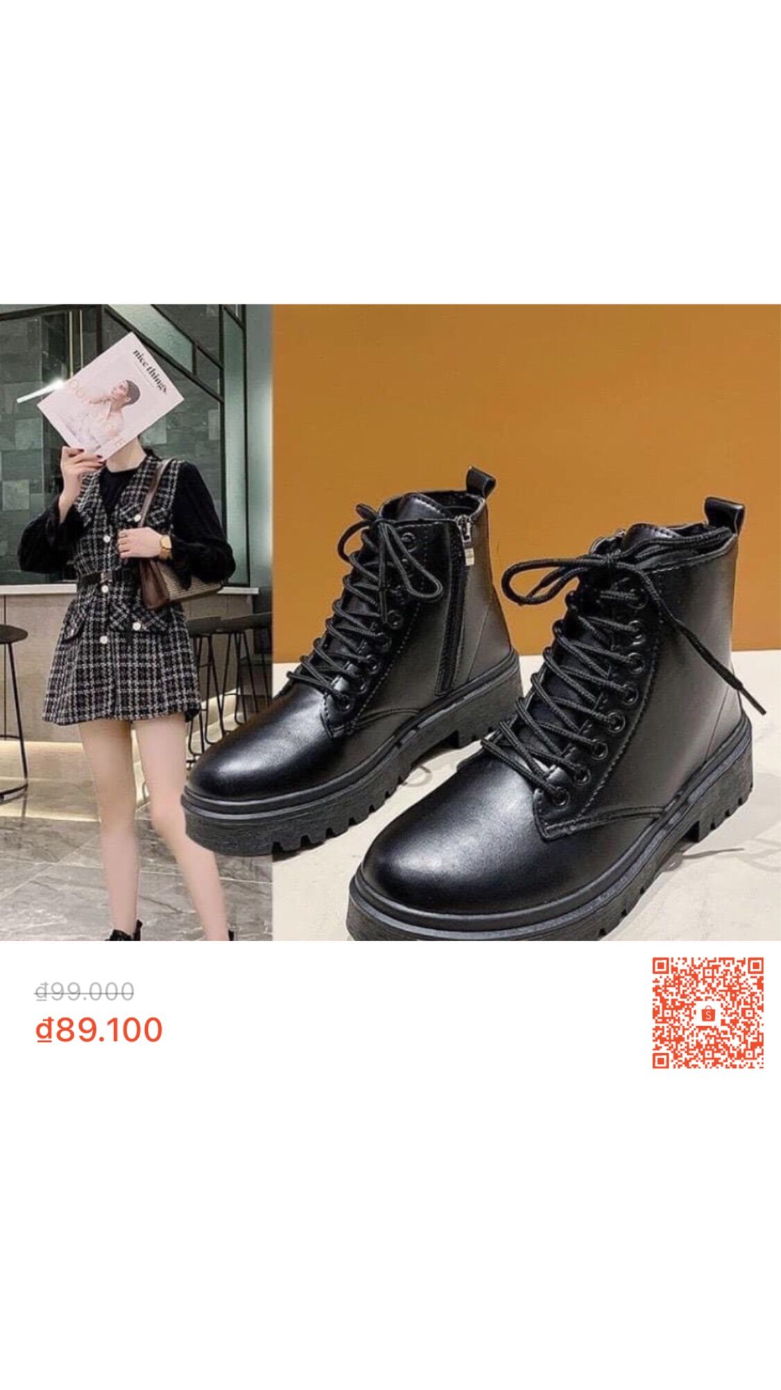 Bốt chiến binh màu đen buộc dây cá tính