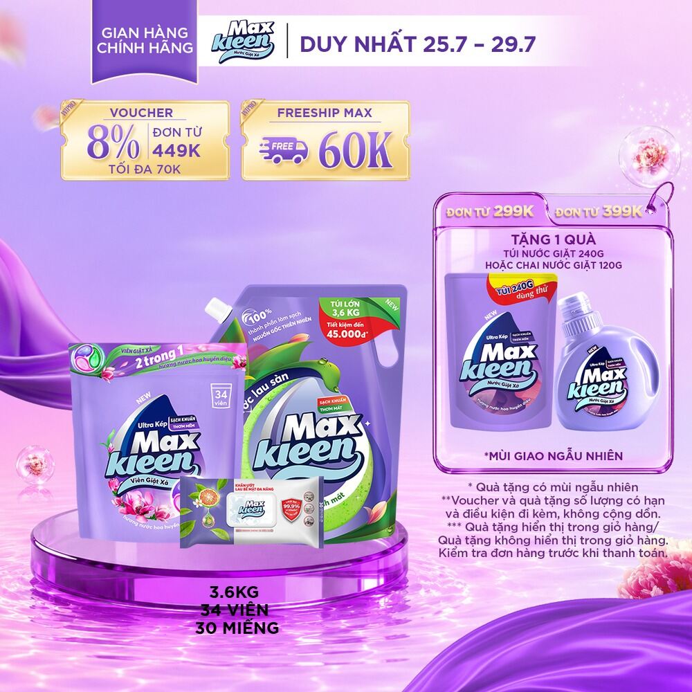 Combo túi viên giặt xả MaxKleen hương huyền diệu + Túi nước lau sàn 3.6kg + Khăn lau bề mặt