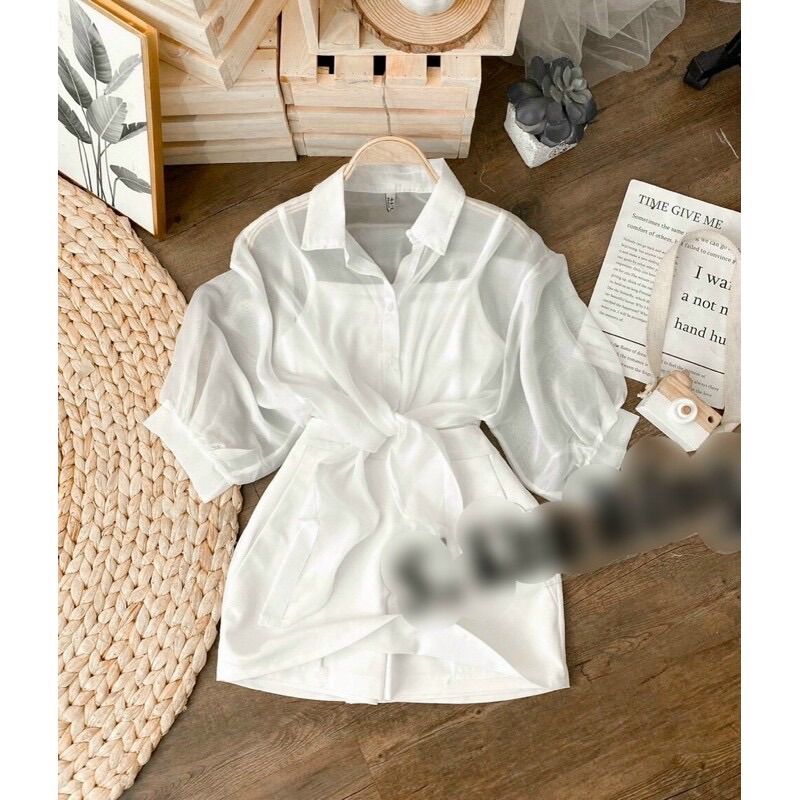 Áo sơ mi voan croptop mỏng cột eo