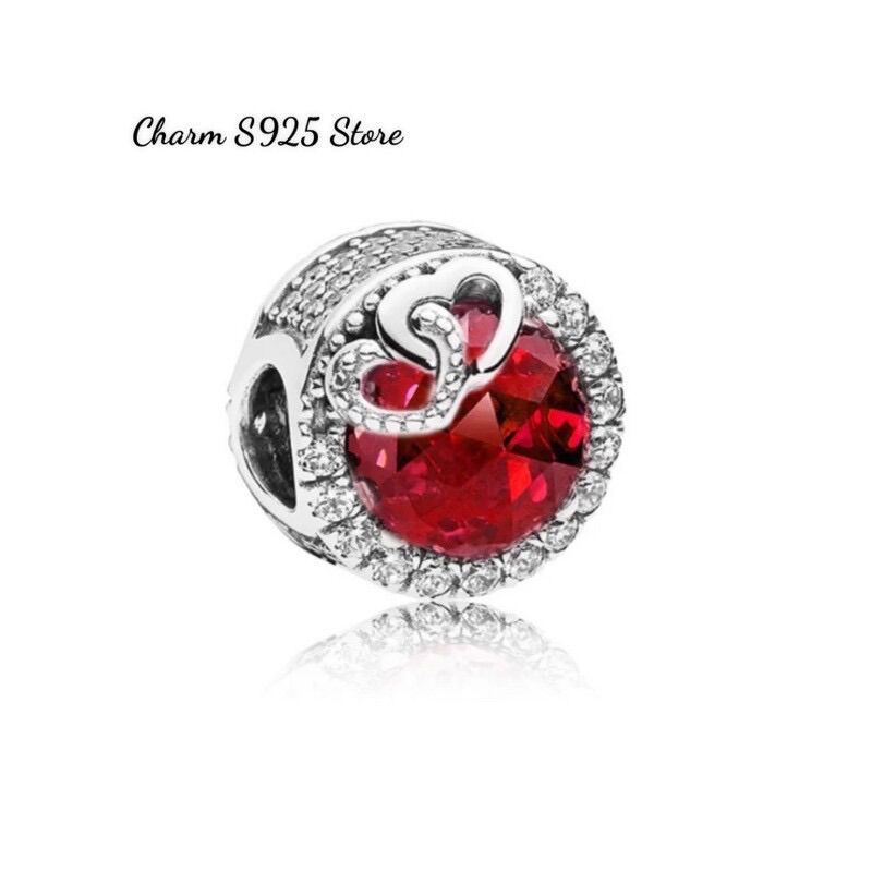 CHARM PAN ALE ĐÁ MẮT MÈO ĐỎ ỐP TIM ĐÍNH ĐÁ BẠC S925