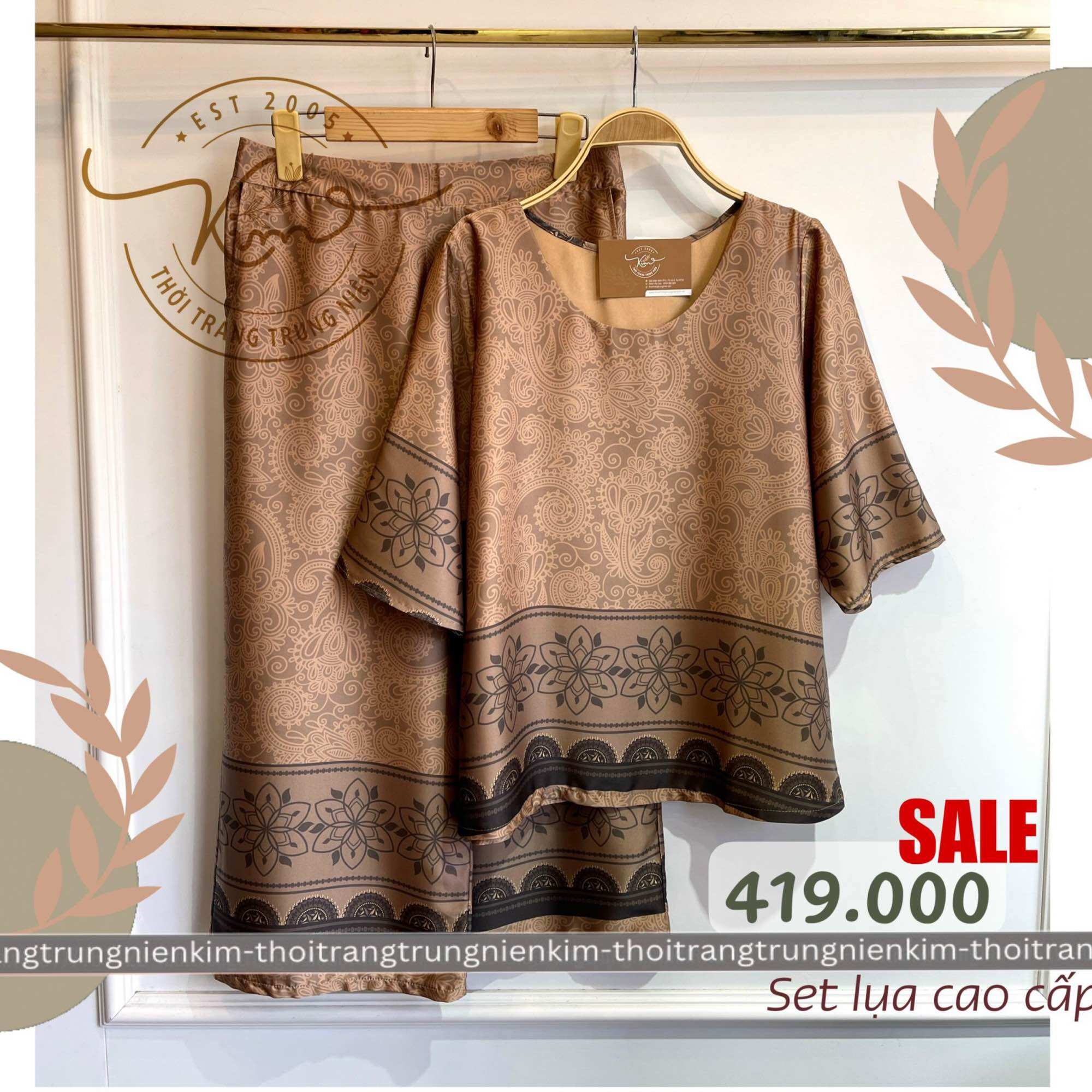 Sét bộ lụa trung niên cao cấp hoa văn thổ cẩm sang trọng Bigsize quần dài 85cm