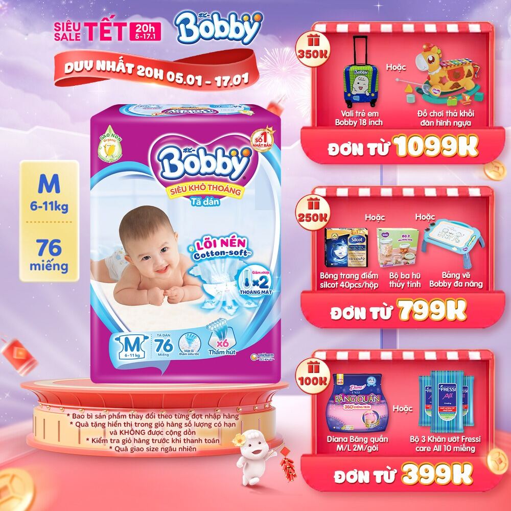 Tã dán Bobby Gạo non Siêu khô thoáng - M76/L68/XL62/XXL56