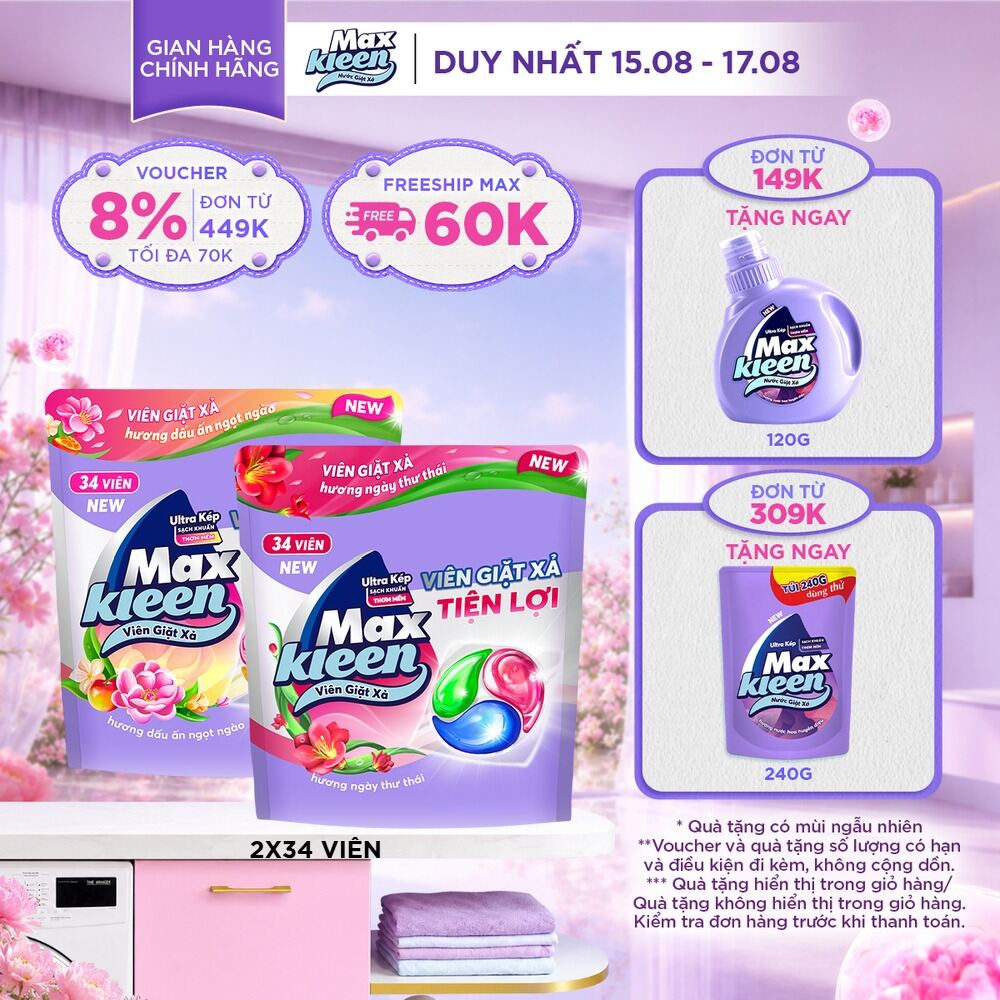 Combo 2 Túi Viên Giặt Xả MaxKleen Hương Huyền Diệu/ Ngày Thư Thái/ Dấu ấn ngọt ngào (34 viên/túi)