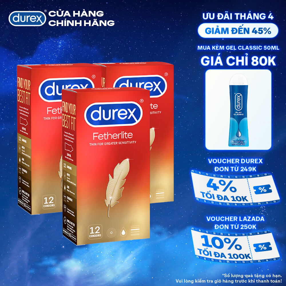 Bộ 3 hộp bao cao su Durex Fetherlite siêu mỏng, size 52.5mm, 12 bao/hộp