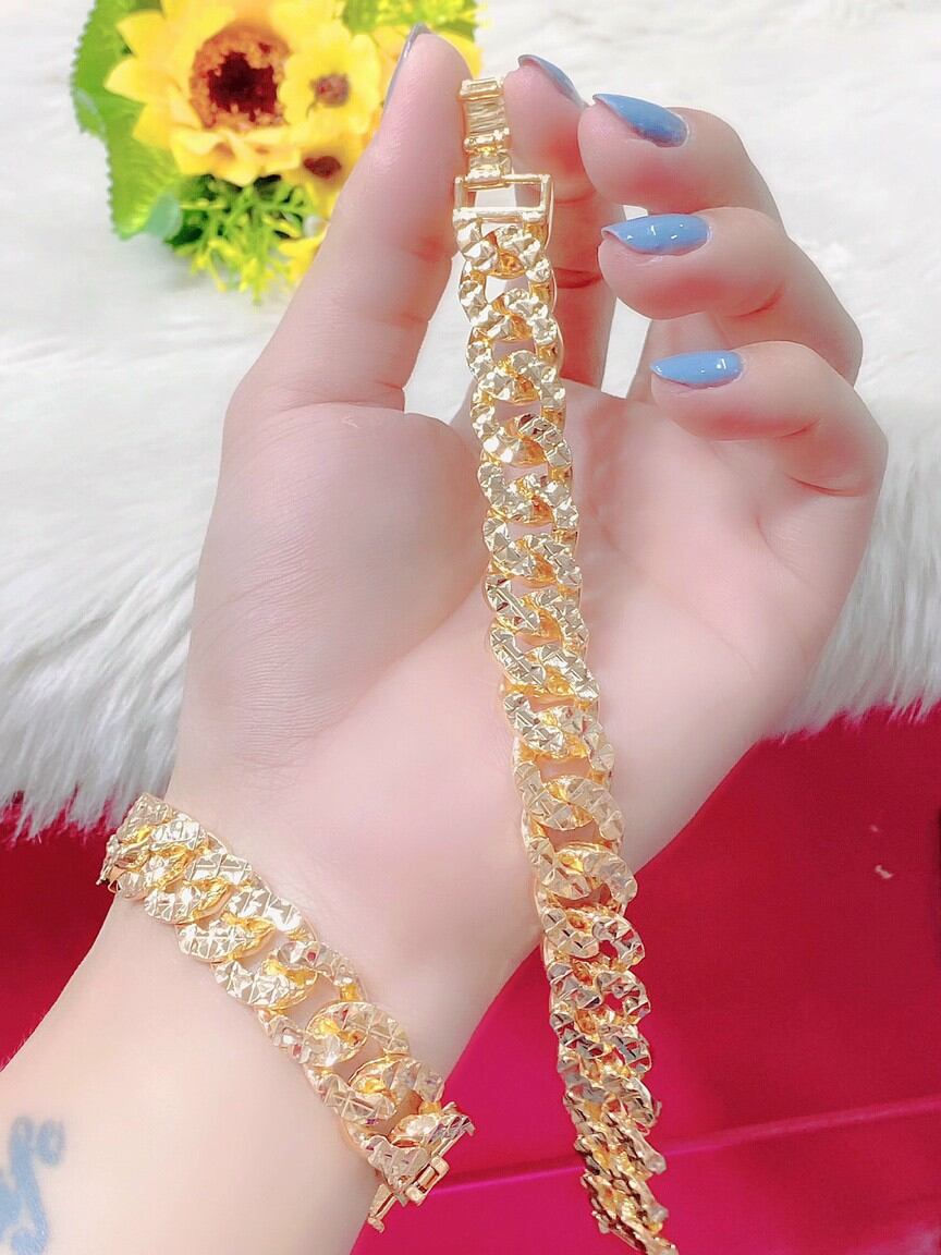 Lắc tay xích nữ đơn giản vàng 18k có chạm khía - đeo dự tiệc sang như vàng thật - lokalo
