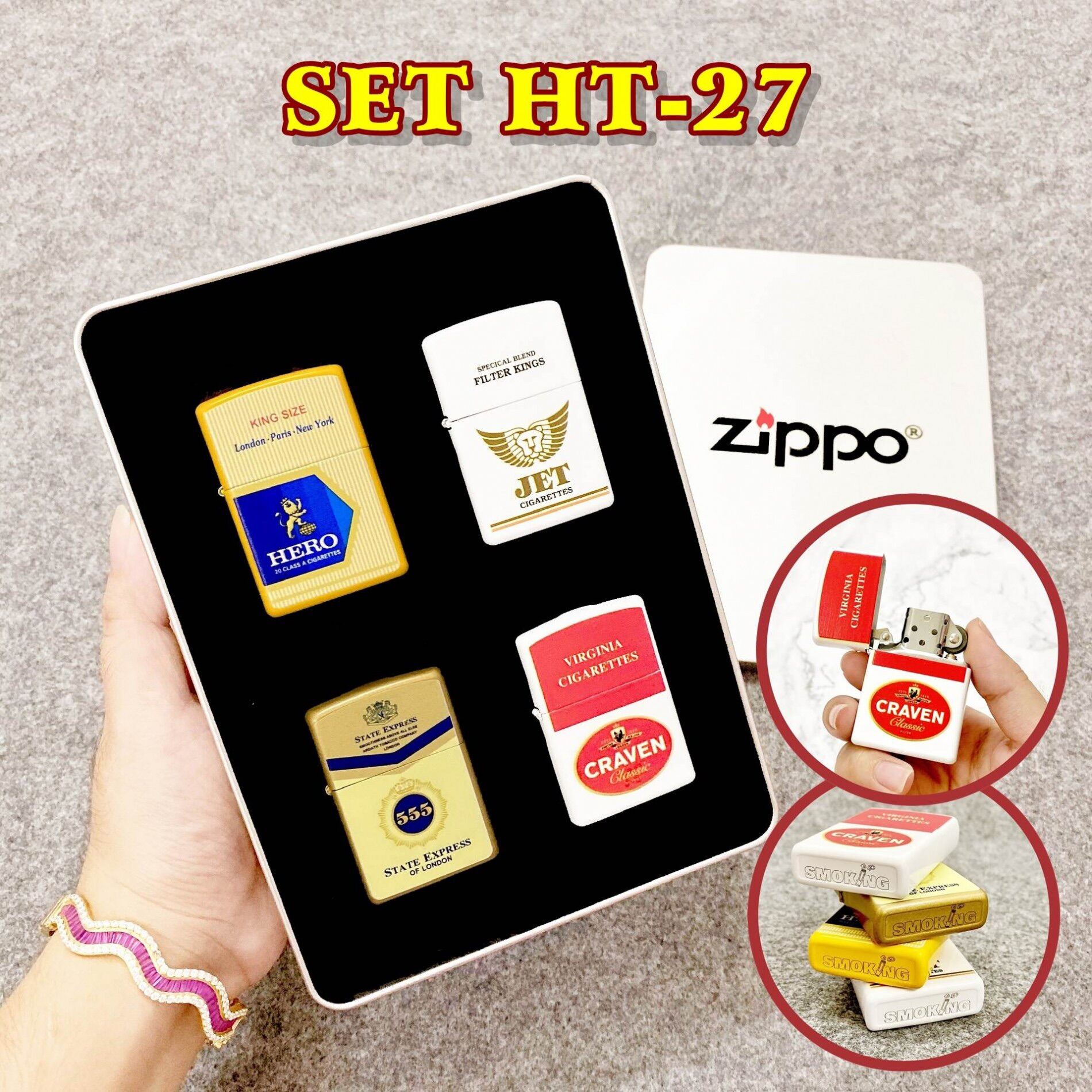 [HCM] Bộ 4 Bật Lửa Zippo 2 Mặt Logo Các Kiểu - Kèm Hộp (Có Chọn Mẫu Lẻ)