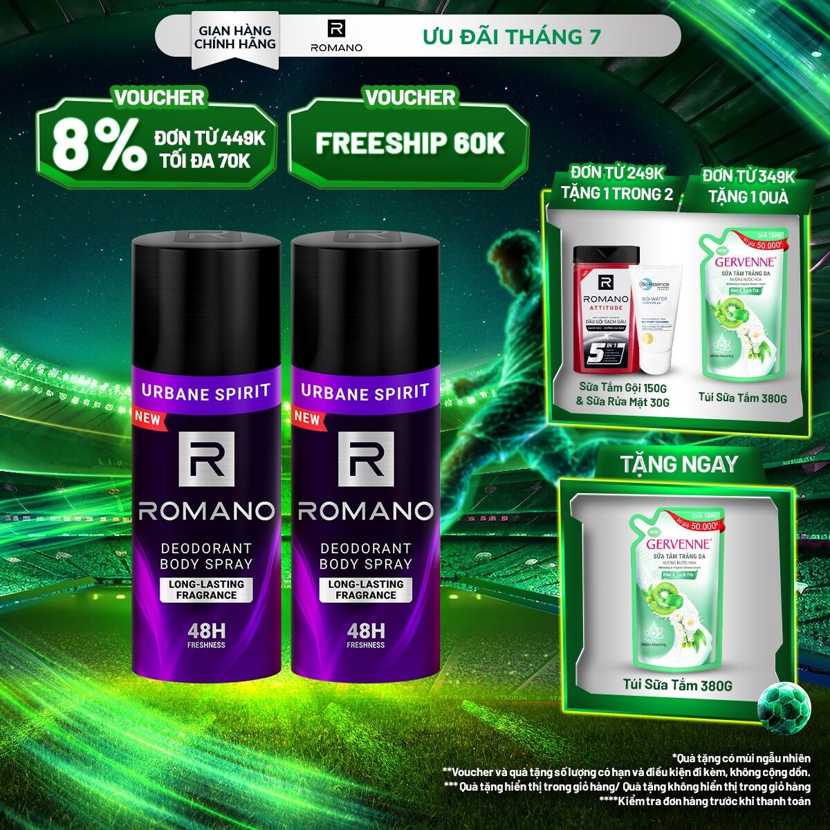 [Lazada trợ giá 15K] Combo 2 Xịt toàn thân ngăn mồ hôi và mùi cơ thể Romano 150ml