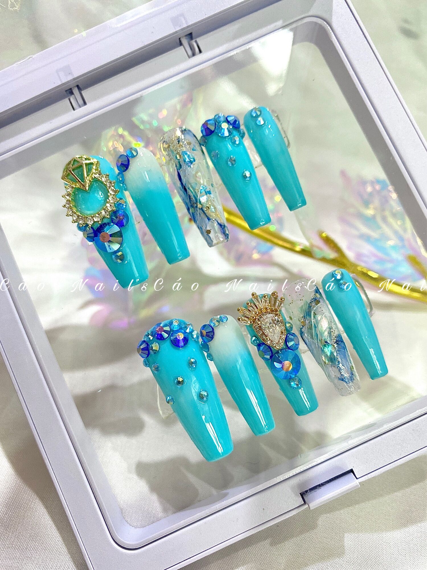 [Nails box ] Móng úp giả thiết kế tone xanh đính đá