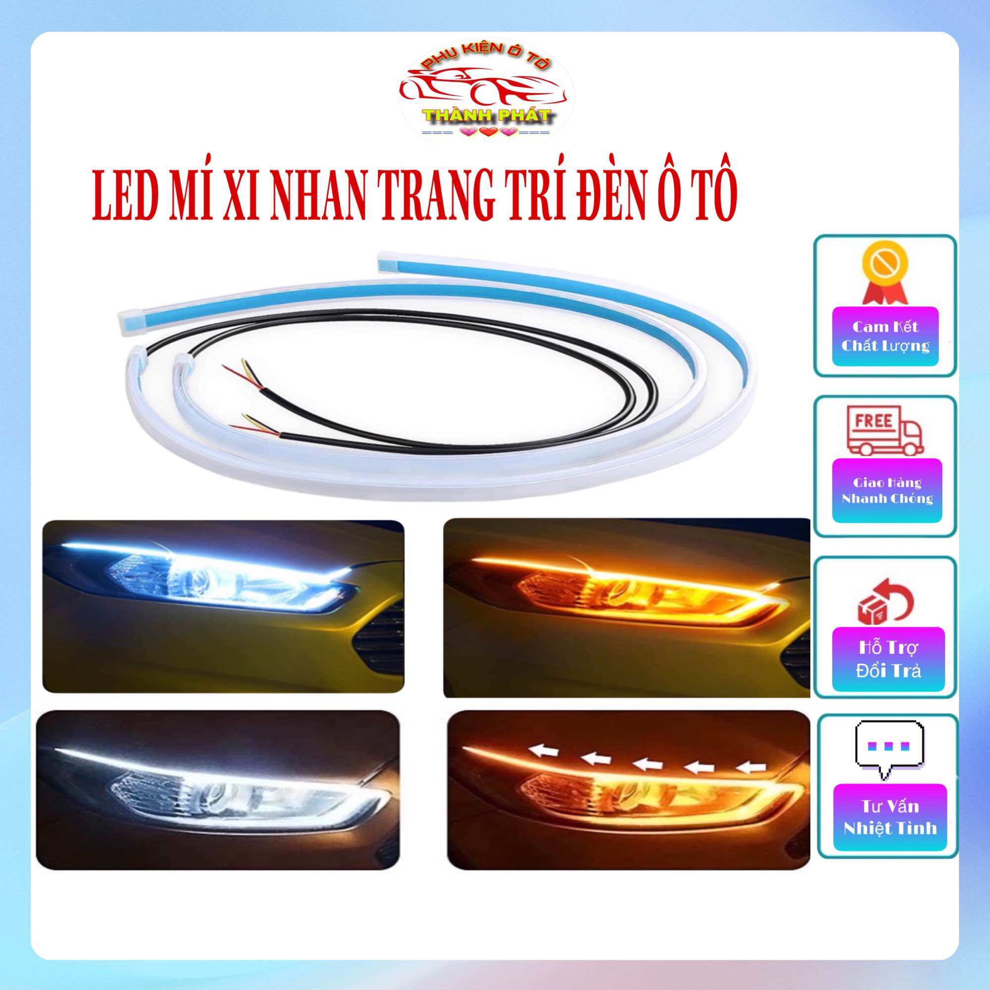 Bộ 2 dây đèn led mí ô tô dán đèn xi nhan nháy đuổi 60Cm Silicon chống nước - Dây led tích hợp xi nhan silicon uốn cong chạy đuổi