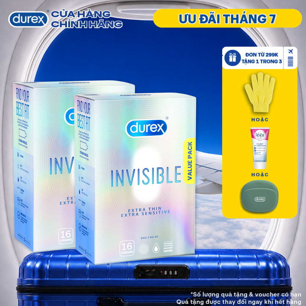 Bộ 2 Hộp Bao Cao Su Durex Invisible Siêu Mỏng, Size 52 mm, Hộp 16 Bao