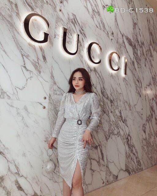 Đầm Body Kim Sa Cao Cấp eo phối belt đá xẻ đùi