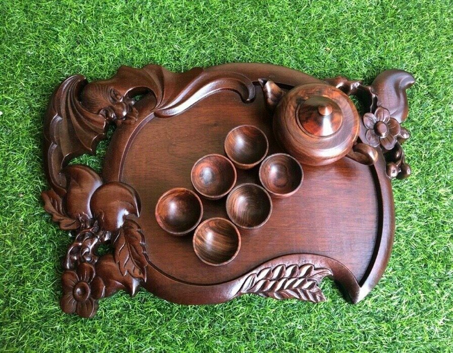 KHAY TRÀ ĐÀO THỌ GỖ GỤ 50X30cm