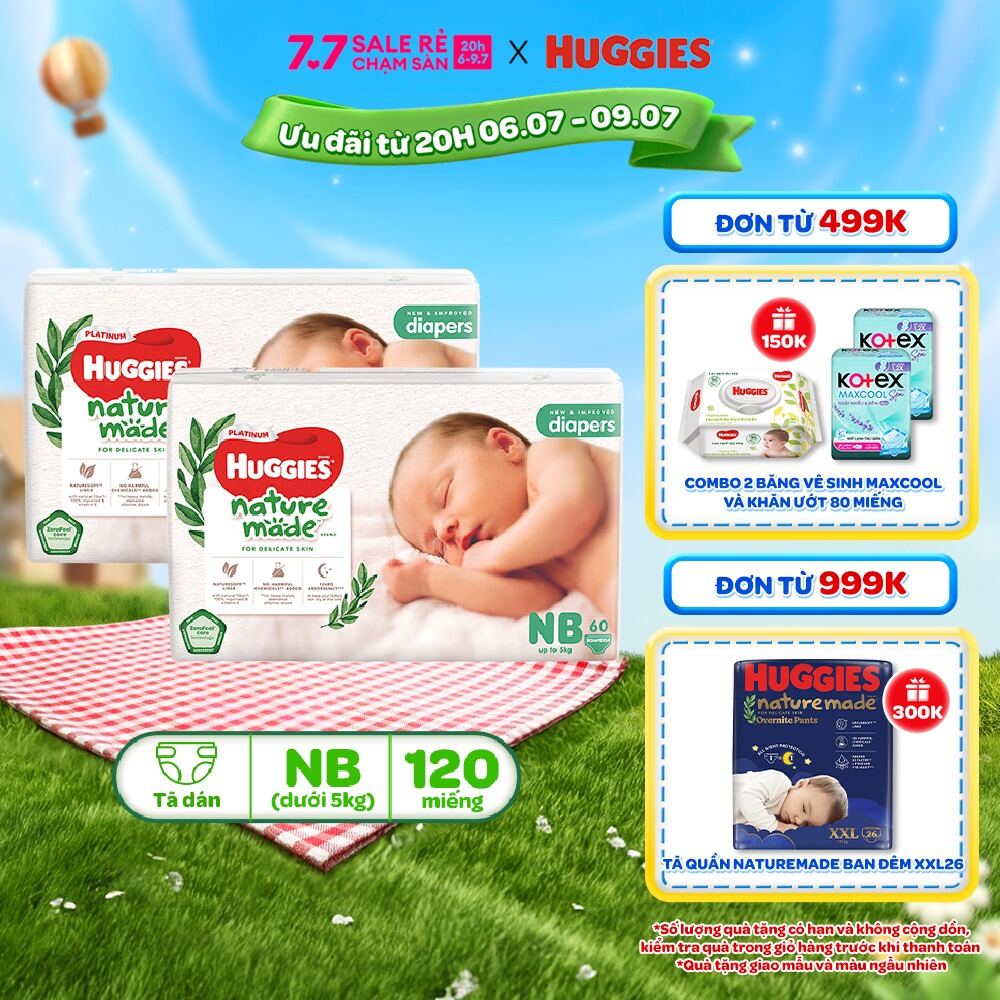 Combo 2 Tã/Bỉm dán sơ sinh Huggies Platinum NatureMade NB60 (dưới 5kg)-Gói Jumbo 60 miếng