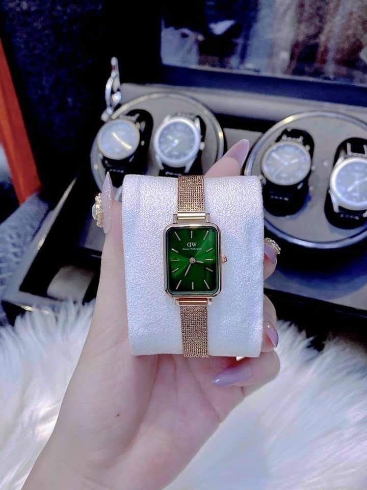 Đồng hồ DW nữ mặt vuông xanh, dây vàng hồng
